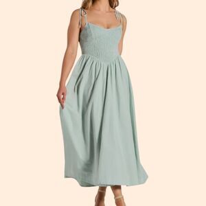 Mable Smocked Bodice Midi Dress in Light Sage
